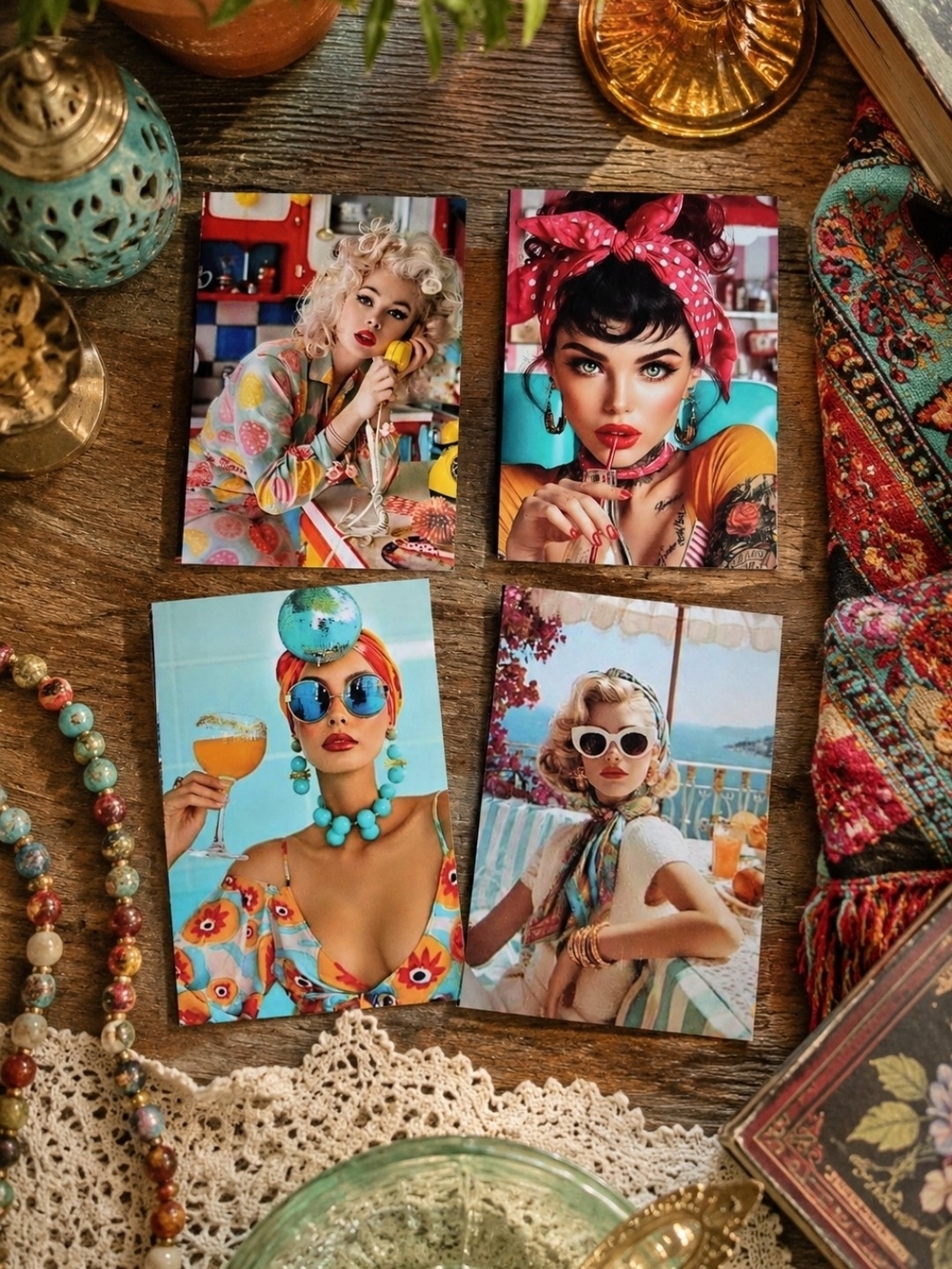 4/$15 Vintage-Inspired Colorful Pinup Art Print Magnets - Set of 4 : 2"x2.5"